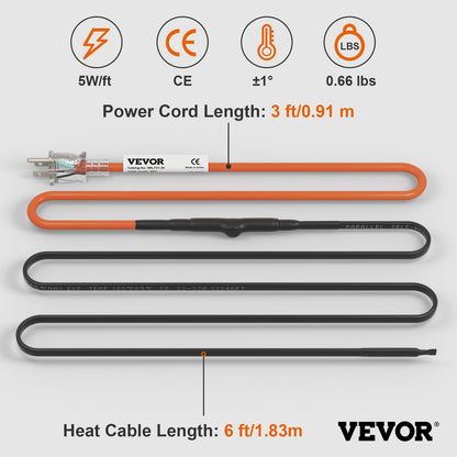 Self-Regulating Pipe Heating Cable, 6-feet 5W/ft Heat Tape for Pipes Freeze Protection, Protects PVC Hose, Metal and Plastic Pipe from Freezing, 120V