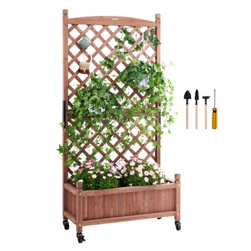Raised Garden Bed with Trellis, 30" x 13" x 61.4" Outdoor Raised Wood Planters with Drainage Holes, Free-Standing Trellis Planter Box for Vine Climbing Plants Flowers in Garden, Patio, Balcony