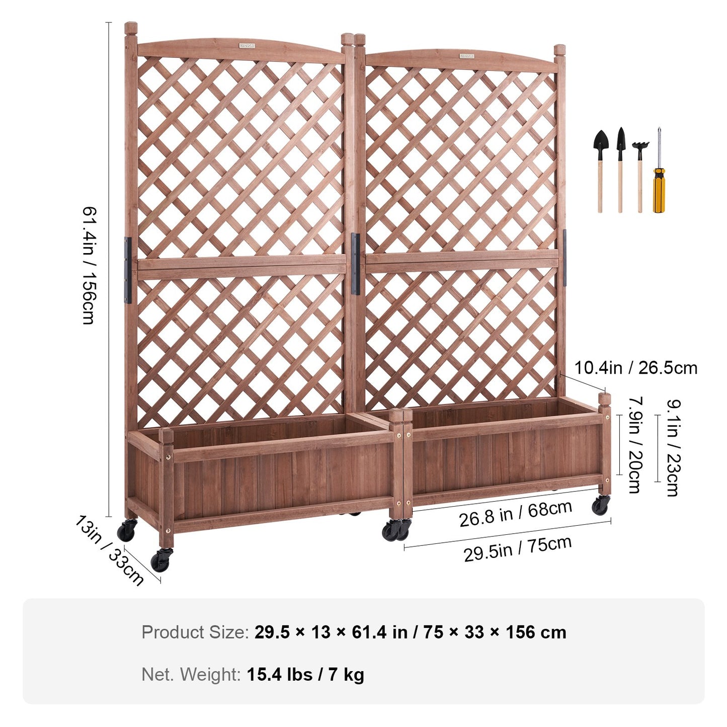 2PCS Raised Garden Bed with Trellis, 60"x13"x61.4" Outdoor Raised Wood Planters with Drainage Holes, Free-Standing Trellis Planter Box for Vine Climbing Plants Flowers in Garden, Patio, Balcony