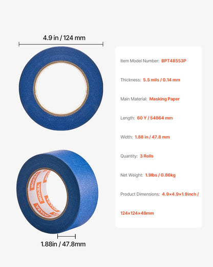 Painters Tape, 2 Inch Wide (1.88 In x 60 Yds), 3 Rolls, Blue Painter Tape for Painting, Edge, Trim, Ceiling, Masking Tape Protects Surfaces and Removes Easily, DIY Craft Art, Labeling Decoration