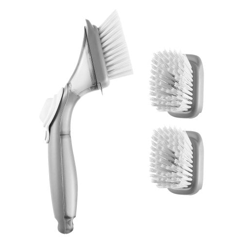 Soap Dispensing Dish Brush, Kitchen Scrub Brushes with 3 Brush Heads, Dish Cleaning Brushes with PP Handle and Curved Bristles, Ideal for Pots, Pans, Sink and Stove