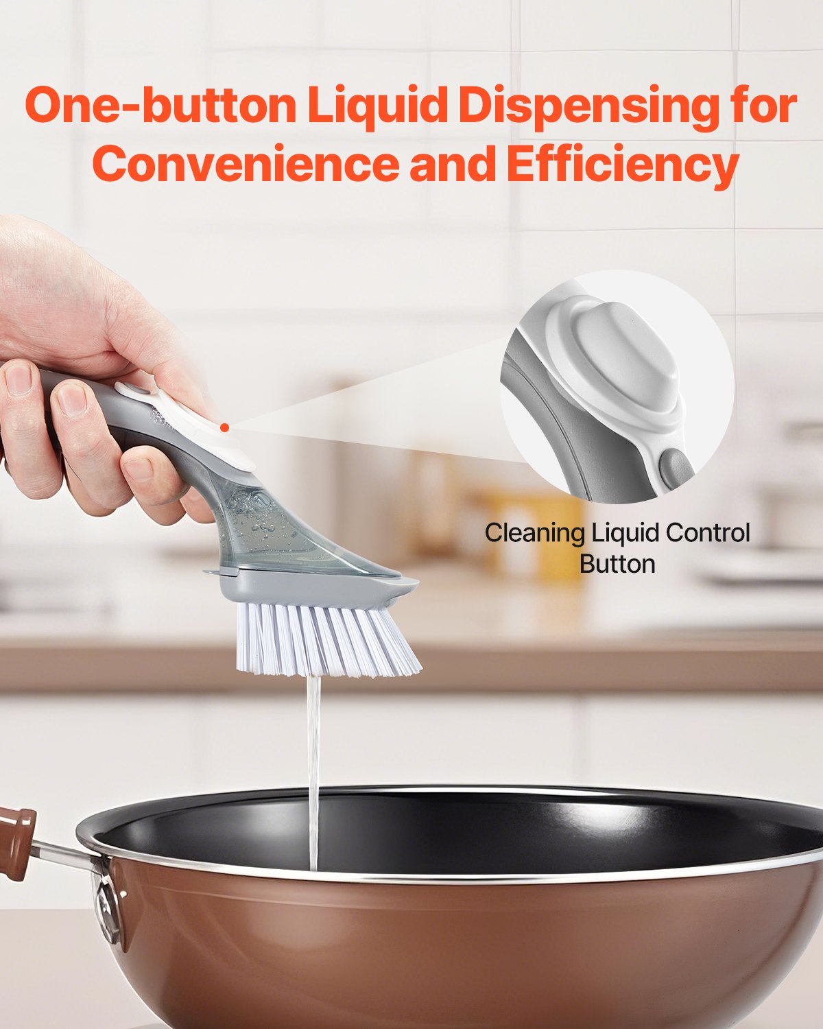 Soap Dispensing Dish Brush, Kitchen Scrub Brushes with 3 Brush Heads, Dish Cleaning Brushes with PP Handle and Curved Bristles, Ideal for Pots, Pans, Sink and Stove