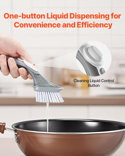 Soap Dispensing Dish Brush, Kitchen Scrub Brushes with 3 Brush Heads, Dish Cleaning Brushes with PP Handle and Curved Bristles, Ideal for Pots, Pans, Sink and Stove