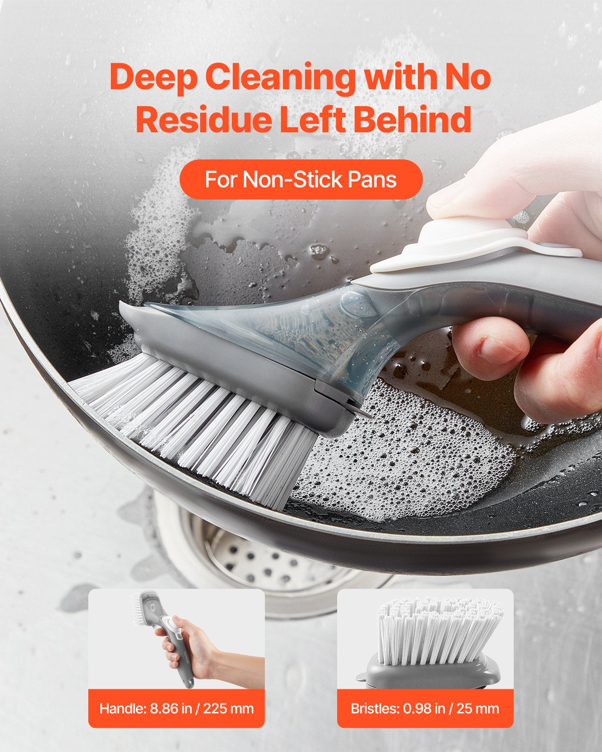 Soap Dispensing Dish Brush, Kitchen Scrub Brushes with 3 Brush Heads, Dish Cleaning Brushes with PP Handle and Curved Bristles, Ideal for Pots, Pans, Sink and Stove