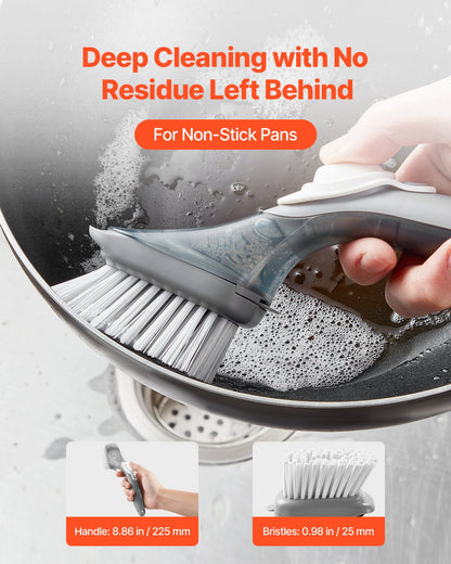 Soap Dispensing Dish Brush, Kitchen Scrub Brushes with 3 Brush Heads, Dish Cleaning Brushes with PP Handle and Curved Bristles, Ideal for Pots, Pans, Sink and Stove