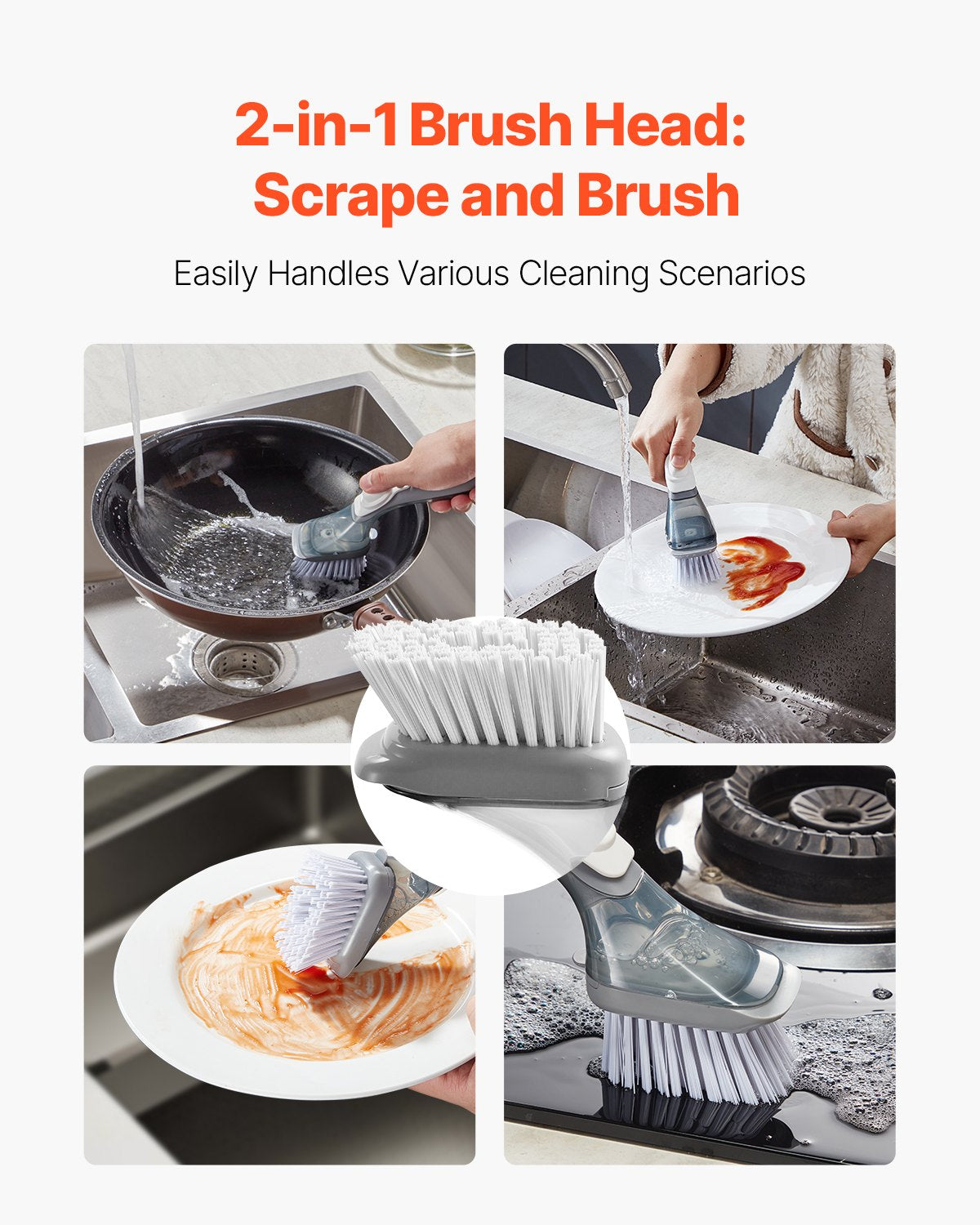 Soap Dispensing Dish Brush, Kitchen Scrub Brushes with 3 Brush Heads, Dish Cleaning Brushes with PP Handle and Curved Bristles, Ideal for Pots, Pans, Sink and Stove