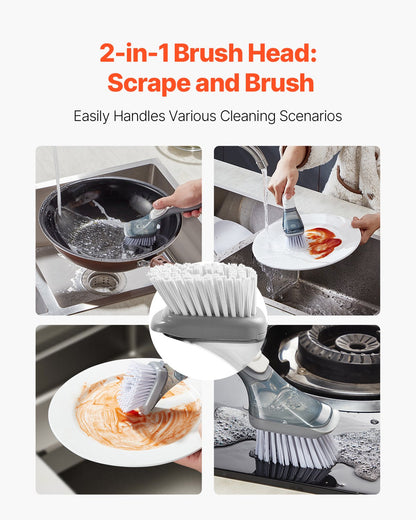 Soap Dispensing Dish Brush, Kitchen Scrub Brushes with 3 Brush Heads, Dish Cleaning Brushes with PP Handle and Curved Bristles, Ideal for Pots, Pans, Sink and Stove