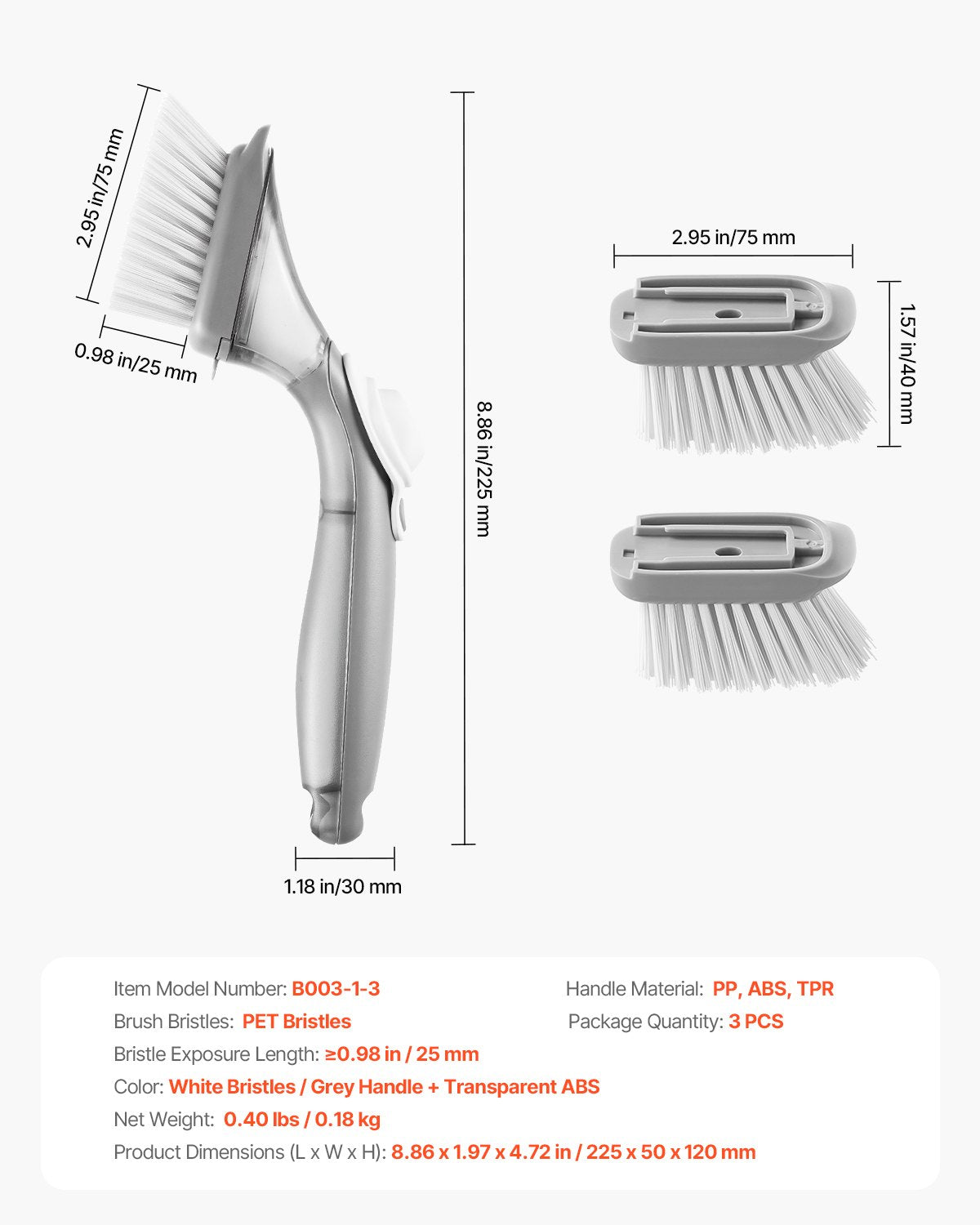 Soap Dispensing Dish Brush, Kitchen Scrub Brushes with 3 Brush Heads, Dish Cleaning Brushes with PP Handle and Curved Bristles, Ideal for Pots, Pans, Sink and Stove