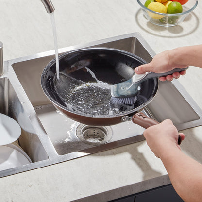 Soap Dispensing Dish Brush, Kitchen Scrub Brushes with 3 Brush Heads, Dish Cleaning Brushes with PP Handle and Curved Bristles, Ideal for Pots, Pans, Sink and Stove