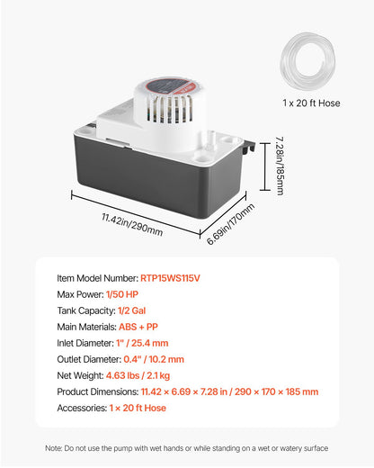 Condensate Removal Pump, 1/50 HP, 65 GPH, 15 ft Lift, 1/2 Gal Tank Automatic AC Condensation Pump with Float Switch & 20 ft Hose for Air Conditioner, Dehumidifier, Furnace, Ice Maker Water Drain