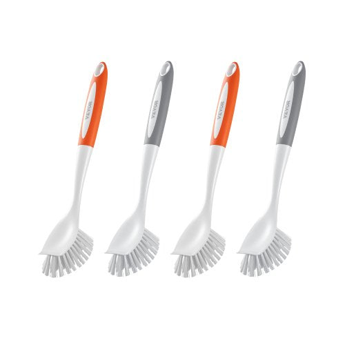 Dish Brush, 4 Pack Kitchen Scrub Brushes with PP Handle, Dish Cleaning Brushes with Curved Bristles, Ideal for Pots, Pans, Sink and Stove, 2 Gray + 2 Orange