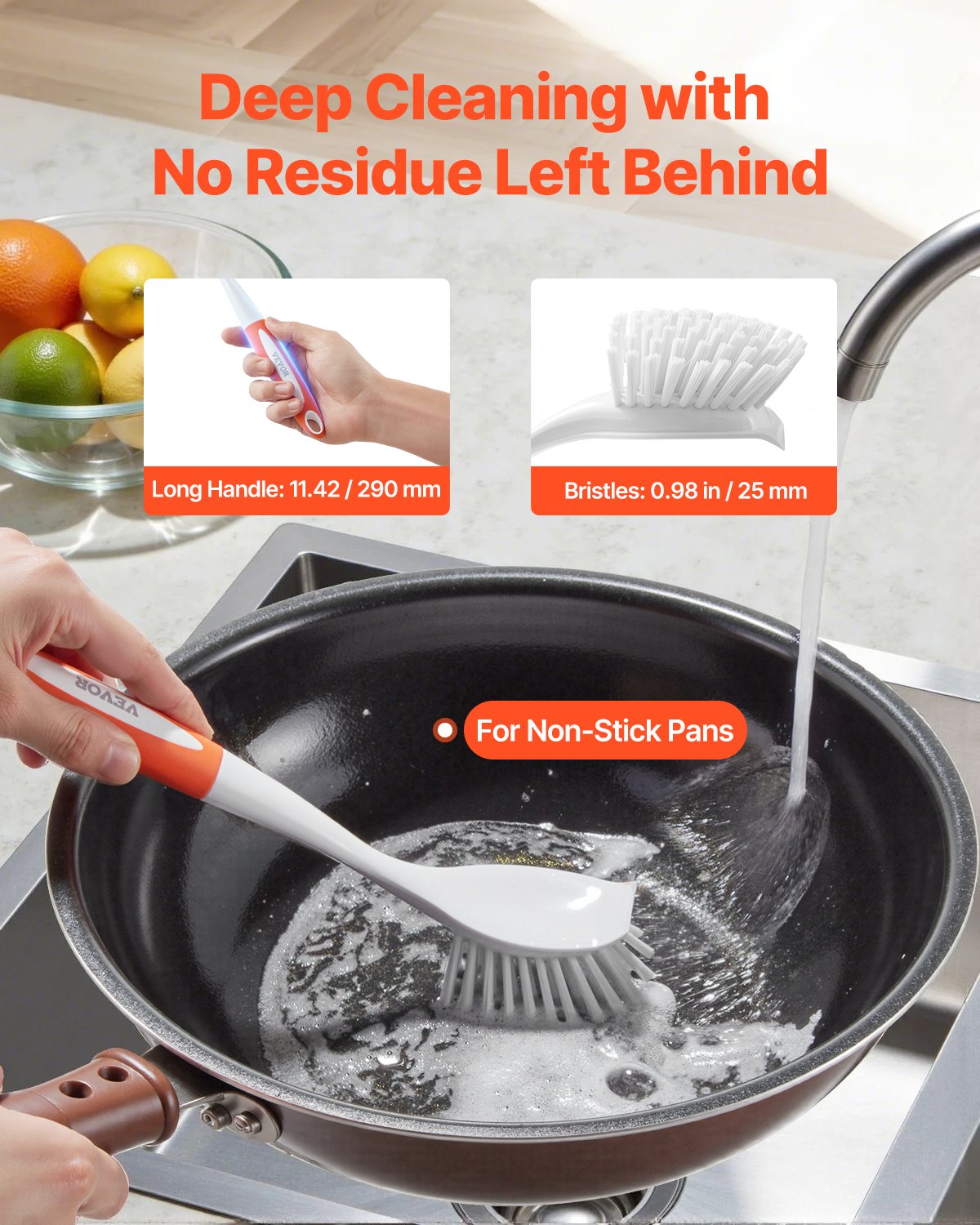 Dish Brush, 4 Pack Kitchen Scrub Brushes with PP Handle, Dish Cleaning Brushes with Curved Bristles, Ideal for Pots, Pans, Sink and Stove, 2 Gray + 2 Orange