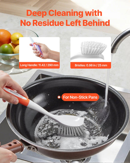 Dish Brush, 4 Pack Kitchen Scrub Brushes with PP Handle, Dish Cleaning Brushes with Curved Bristles, Ideal for Pots, Pans, Sink and Stove, 2 Gray + 2 Orange