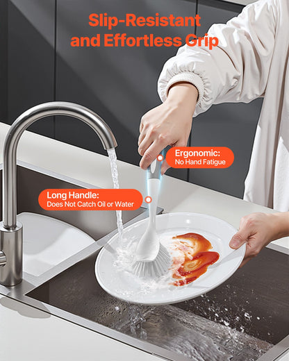 Dish Brush, 4 Pack Kitchen Scrub Brushes with PP Handle, Dish Cleaning Brushes with Curved Bristles, Ideal for Pots, Pans, Sink and Stove, 2 Gray + 2 Orange