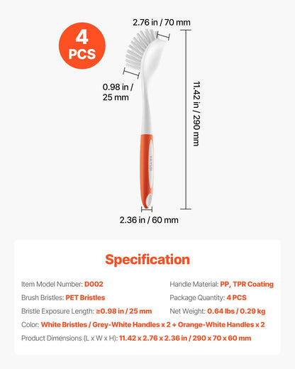 Dish Brush, 4 Pack Kitchen Scrub Brushes with PP Handle, Dish Cleaning Brushes with Curved Bristles, Ideal for Pots, Pans, Sink and Stove, 2 Gray + 2 Orange