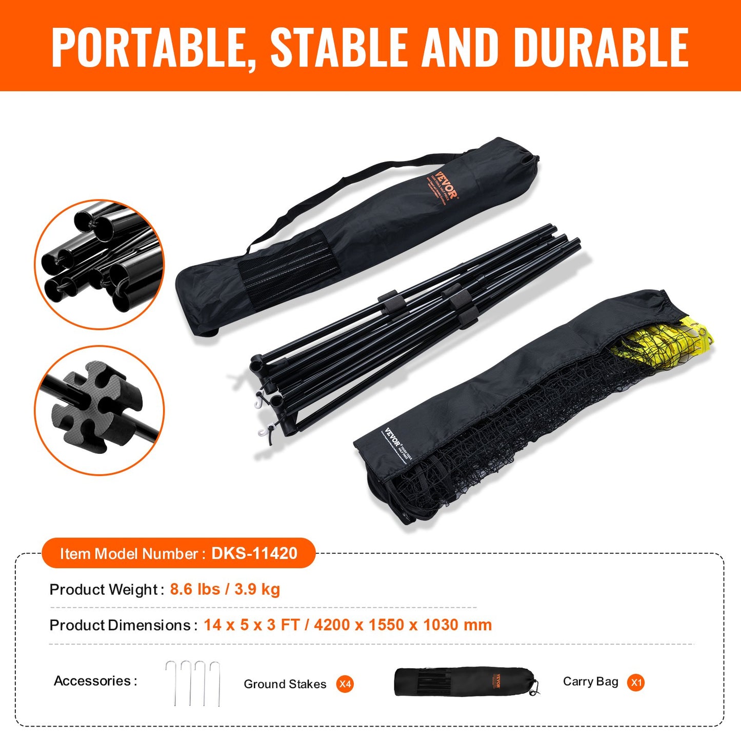 Badmintonnät, höjdjusterbart volleybollnät, 14 fot brett hopfällbart pickleballnät, portabelt lättinstallerat tennisnätset med stavar, stativ och bärväska, för barnbakgårdsspel inomhus utomhusbruk