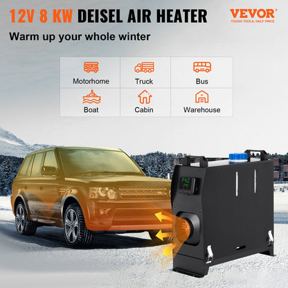 8KW diesel air heater, diesel parking heater, all in one 12V truck heater, one outlet hole, with black LCD switch, fast heating diesel heater, for camper, boat, bus, car trailer, caravan