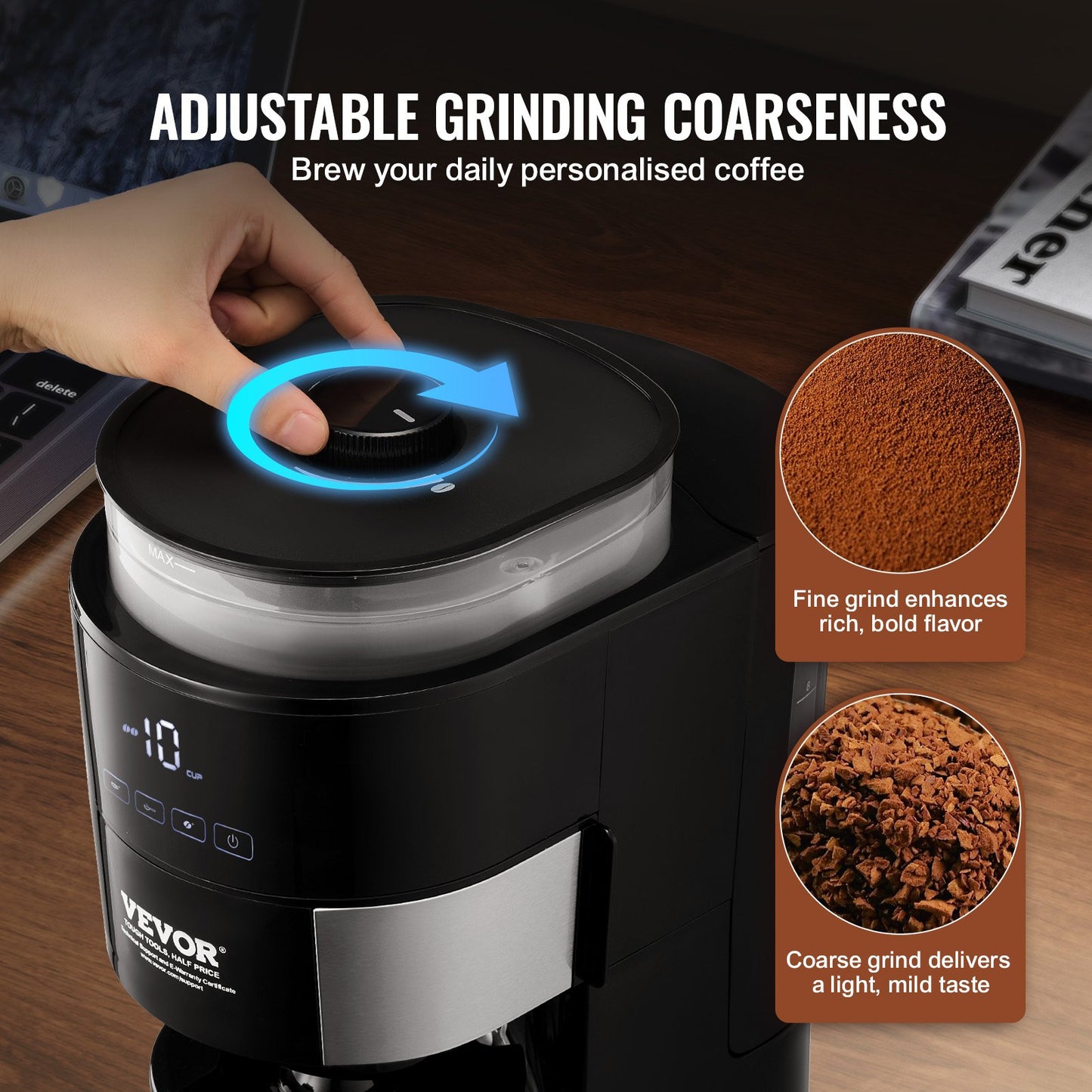 Coffee Maker with Grinder, 10 Cup Coffee Machine, Grind and Brew Coffee Maker with 3 Brew Strength Control, Drip Coffee Maker with Adjustable Grinding Coarseness, for Home Office Restaurant