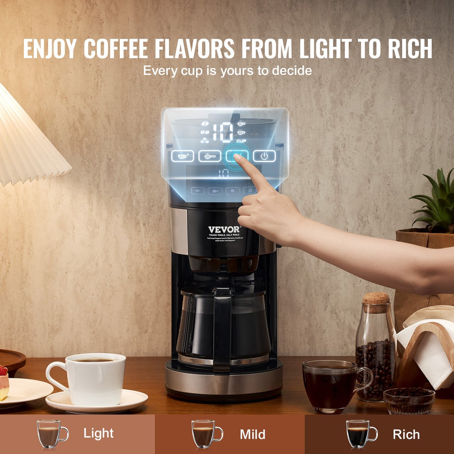 Coffee Maker with Grinder, 10 Cup Coffee Machine, Grind and Brew Coffee Maker with 3 Brew Strength Control, Drip Coffee Maker with Adjustable Grinding Coarseness, for Home Office Restaurant