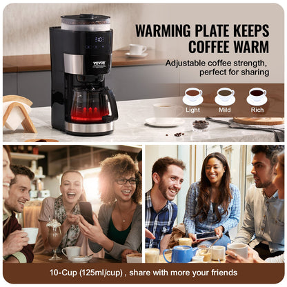 Coffee Maker with Grinder, 10 Cup Coffee Machine, Grind and Brew Coffee Maker with 3 Brew Strength Control, Drip Coffee Maker with Adjustable Grinding Coarseness, for Home Office Restaurant