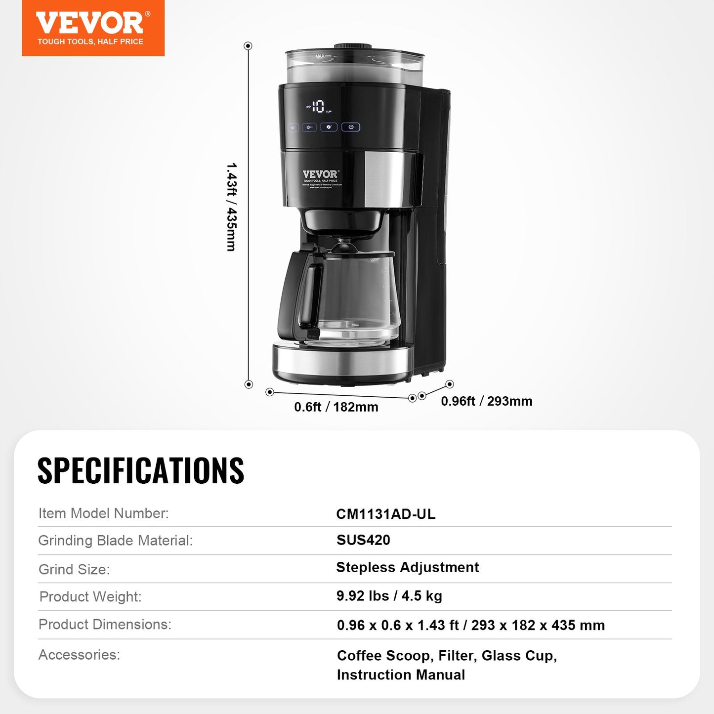Coffee Maker with Grinder, 10 Cup Coffee Machine, Grind and Brew Coffee Maker with 3 Brew Strength Control, Drip Coffee Maker with Adjustable Grinding Coarseness, for Home Office Restaurant