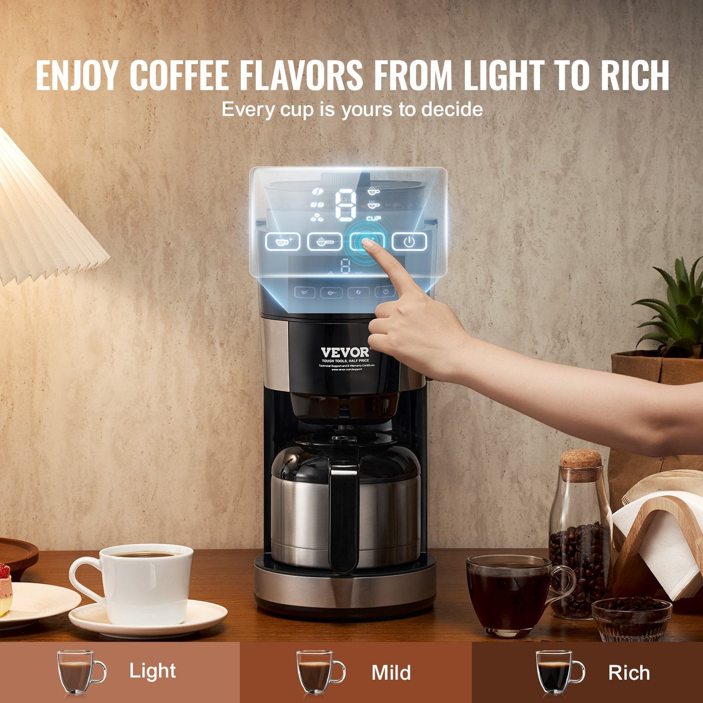 Coffee Maker with Grinder, 8 Cup Programmable Coffee Machine, Grind and Brew Coffee Maker with 24-Hour Timer for Auto Brew, Reusable Filter, for Home Office Restaurant