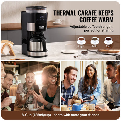 Coffee Maker with Grinder, 8 Cup Programmable Coffee Machine, Grind and Brew Coffee Maker with 24-Hour Timer for Auto Brew, Reusable Filter, for Home Office Restaurant