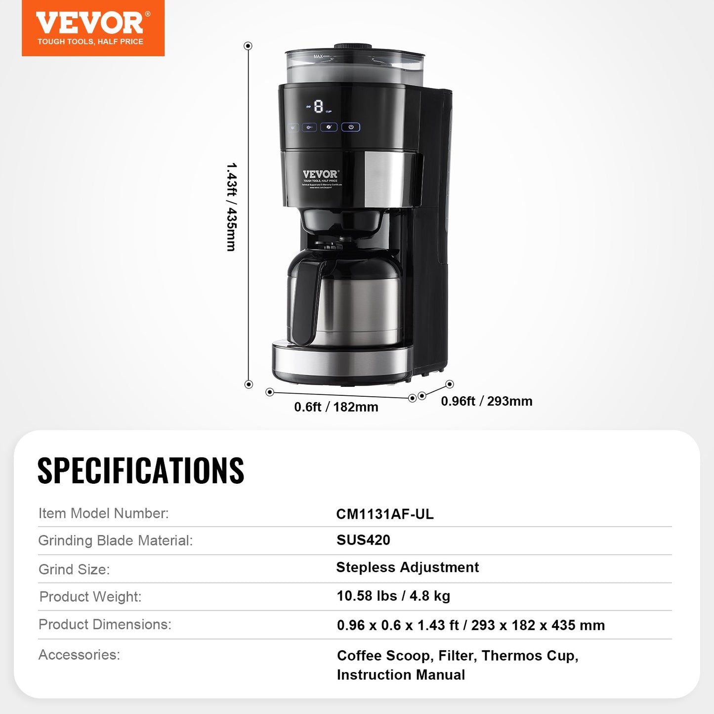 Coffee Maker with Grinder, 8 Cup Programmable Coffee Machine, Grind and Brew Coffee Maker with 24-Hour Timer for Auto Brew, Reusable Filter, for Home Office Restaurant