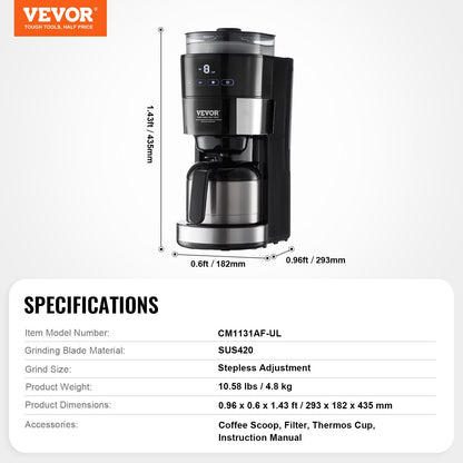 Coffee Maker with Grinder, 8 Cup Programmable Coffee Machine, Grind and Brew Coffee Maker with 24-Hour Timer for Auto Brew, Reusable Filter, for Home Office Restaurant