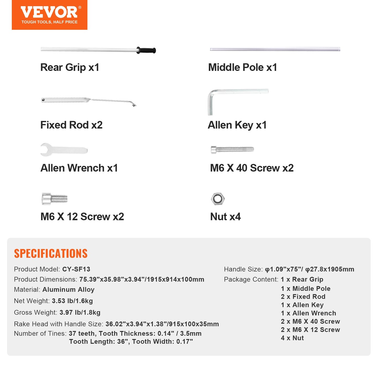 Landscape Rake, 36" Head Aluminum Landscape Rake, Lake Weed Rake with 75" Long Handle, for Loosening Soil, Lawn Care, Weeding Lake, Garden, Pond