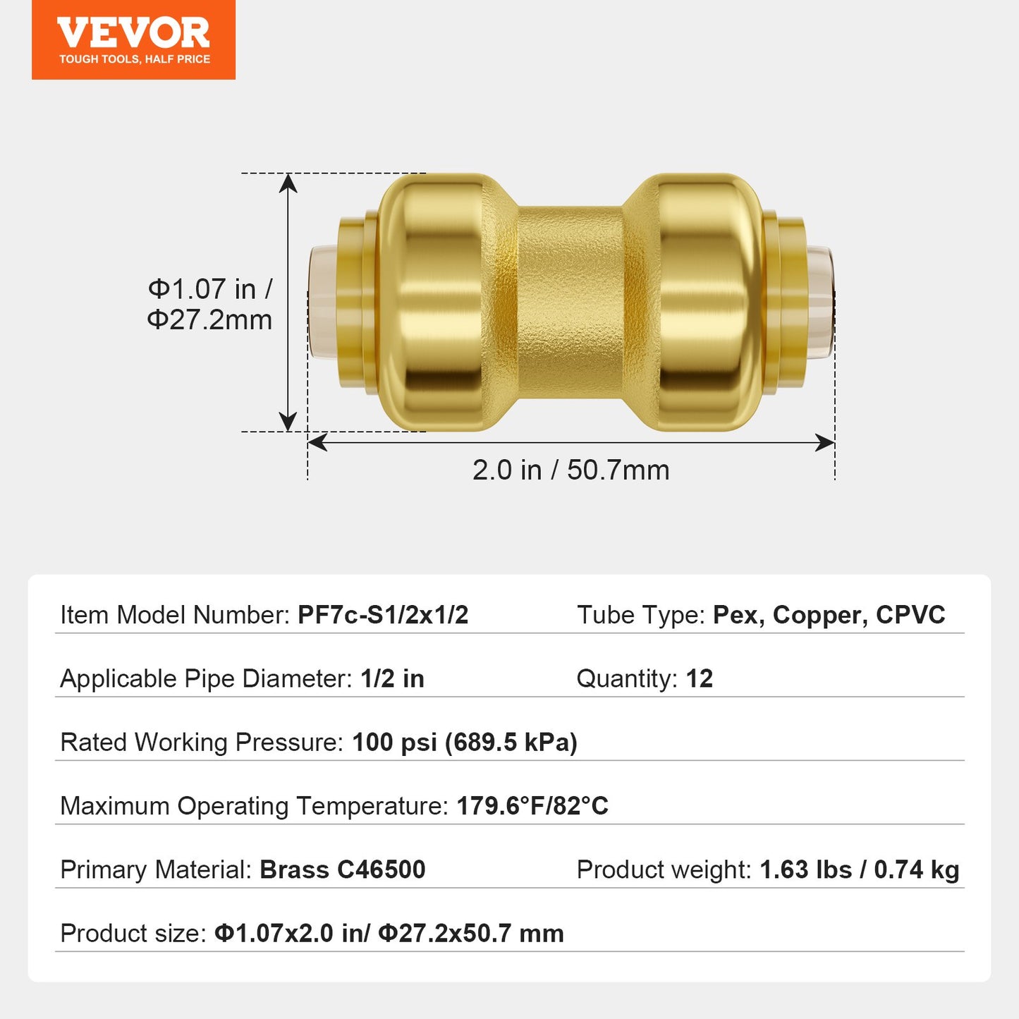 Pipe Fittings, 1/2" 12PCS Brass Pipe Fittings, Straight-Through Push-Fit Pipe Connector Brass Air Fittings, Heavy Duty Plumbing Fittings Adapter for Heating/Shower Systems, Water Pipes