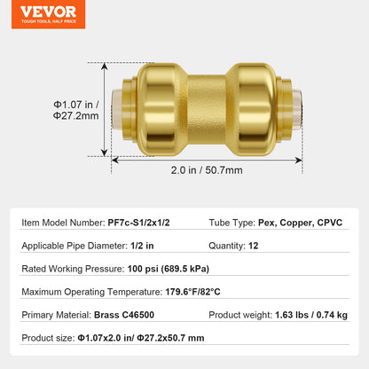 Pipe Fittings, 1/2" 12PCS Brass Pipe Fittings, Straight-Through Push-Fit Pipe Connector Brass Air Fittings, Heavy Duty Plumbing Fittings Adapter for Heating/Shower Systems, Water Pipes