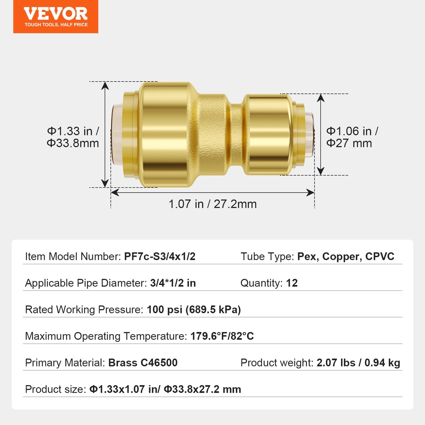 Pipe Fittings, 1/2"-3/4" 12PCS Brass Pipe Fittings, Straight-Through Push-Fit Pipe Connector Brass Air Fittings, Heavy Duty Plumbing Fittings Adapter for Heating/Shower Systems,Water Pipes