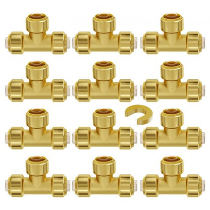 Pipe Fittings, 1/2" 12PCS Tee Brass Pipe Fittings, Push-Fit Pipe Connector Brass Air Fittings, Heavy Duty Plumbing Fittings Adapter for Heating/Shower Systems, Water Pipes
