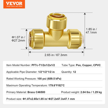 Pipe Fittings, 1/2" 12PCS Tee Brass Pipe Fittings, Push-Fit Pipe Connector Brass Air Fittings, Heavy Duty Plumbing Fittings Adapter for Heating/Shower Systems, Water Pipes