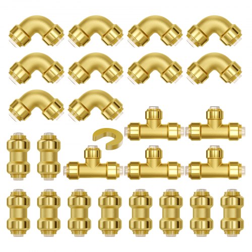 Pipe Fittings, 1/2" 25PCS (10xStraight, 10xElbows, 5xTees) Brass Pipe Fittings, Push-Fit Pipe Connector Brass Air Fittings, Plumbing Fittings Adapter for Heating/Shower Systems, Water Pipes