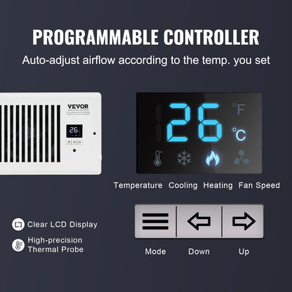 Register Booster Fan, Quiet Vent Booster Fan Fits 4” x 12” Register Holes, with Remote Control and Thermostat Control, Adjustable Speed for Heating Cooling Smart Vent, White