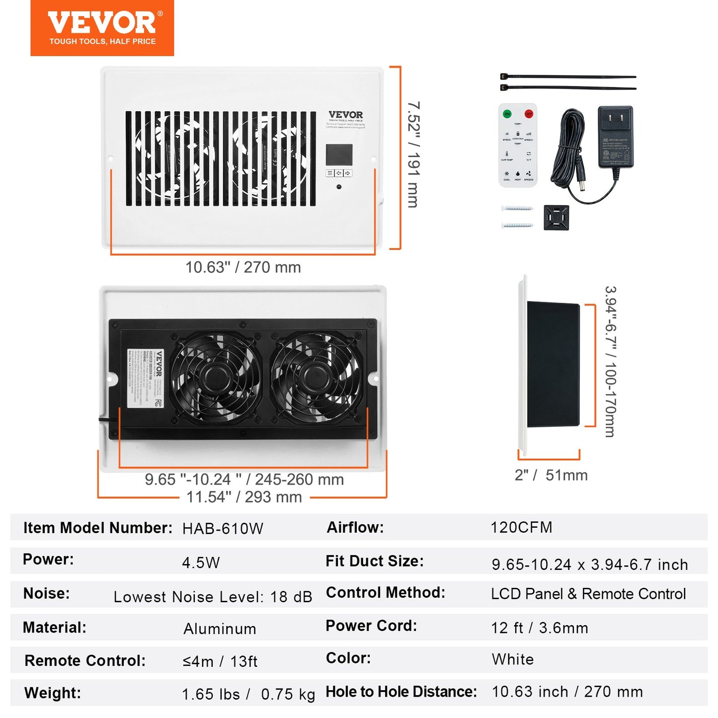 Register Booster Fan, Quiet Vent Booster Fan Fits 6 x 10 inch Holes, with Remote Control and Thermostat Control, Adjustable Speed for Heating Cooling Smart Vent, White