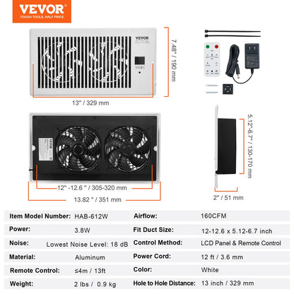 Register Booster Fan, Quiet Vent Booster Fan Fits 6 x 12 inch Holes, with Remote Control and Thermostat Control, Adjustable Speed for Heating Cooling Smart Vent, White
