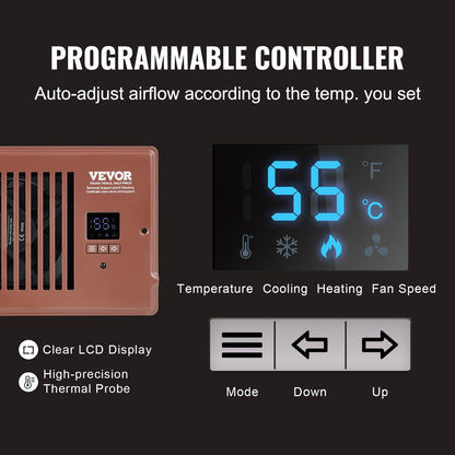 Register Booster Fan, Quiet Vent Booster Fan Fits 4” x 10” Register Holes, with Remote Control and Thermostat Control, Adjustable Speed for Heating Cooling Smart Vent, Brown