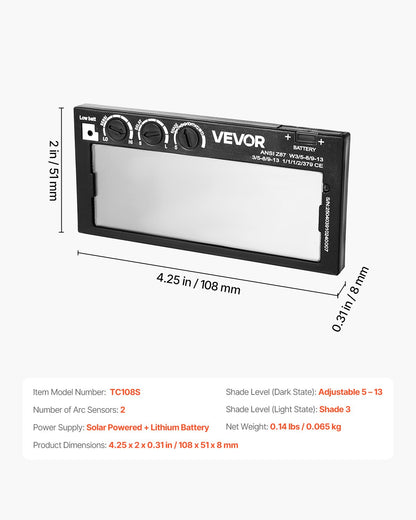 Auto Darkening Welding Lens 4.25" x 2", Shade 5-13 Adjustable True Color Welding Lens with Dual Arc Sensors & Gold Coating, Compatible with Most Welding Helmets for TIG, MIG, MMA Applications