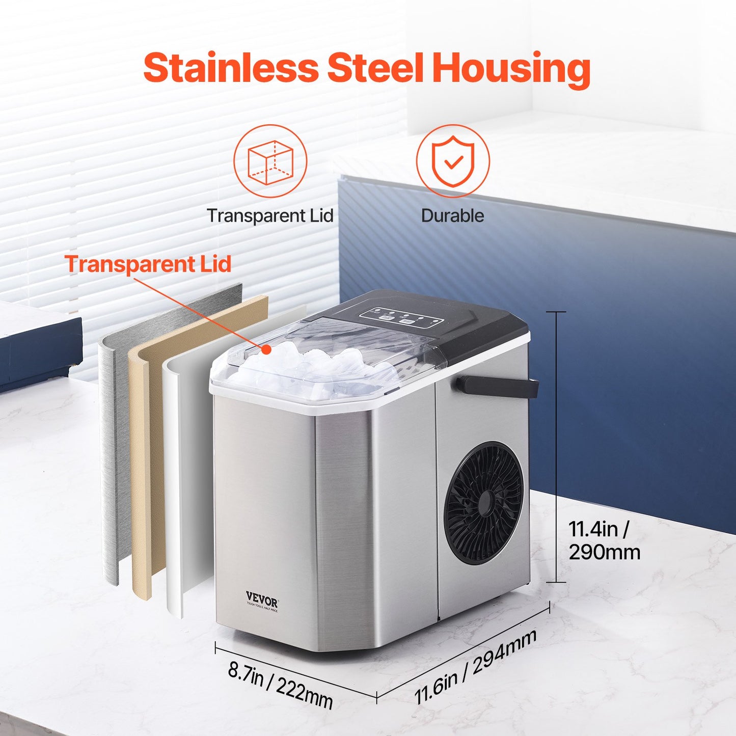 Tragbarer Eiswürfelbereiter für die Arbeitsplatte, 26 Pfund/24 Stunden, selbstreinigend, mit Eimerkorb