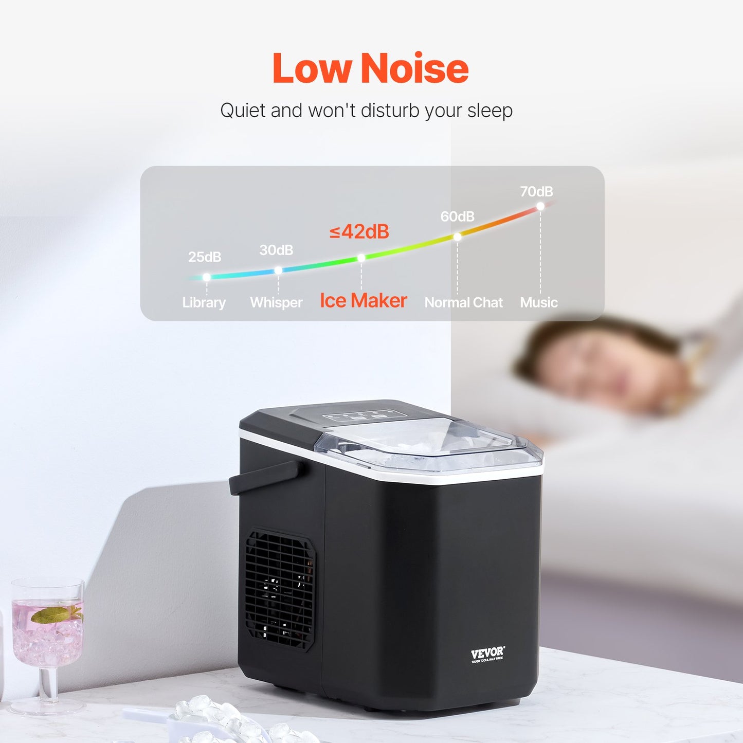 Tragbarer Eiswürfelbereiter für die Arbeitsplatte, 26 Pfund/24 Stunden, selbstreinigend, mit Eimerkorb