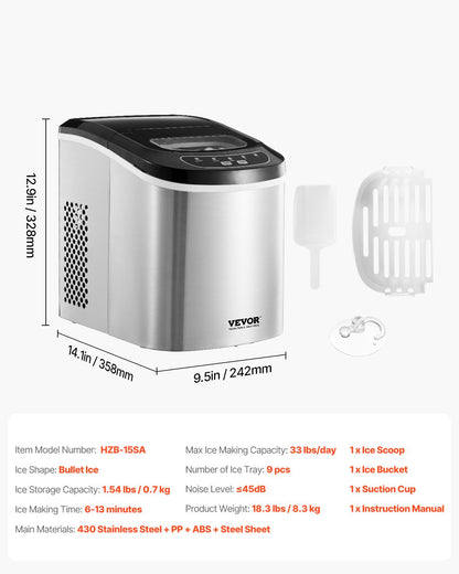 Countertop Ice Maker, 9 Cubes Ready in 6 Mins, 33lbs in 24Hrs, Self-Cleaning Portable Ice Maker with Ice Scoop and Basket, Ice Machine with 2 Sizes Bullet Ice for Home Kitchen Office Bar Party