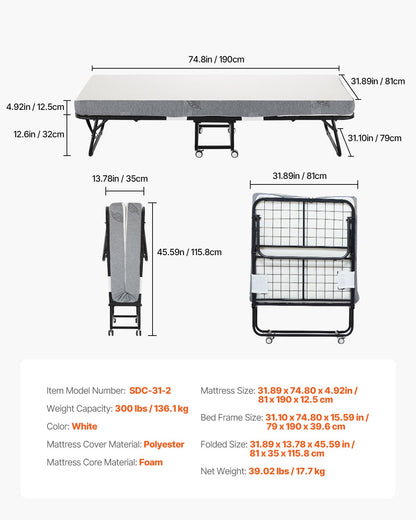 Hopfällbar säng hopfällbar säng med 5 tums skummadrass för vuxna och gäster