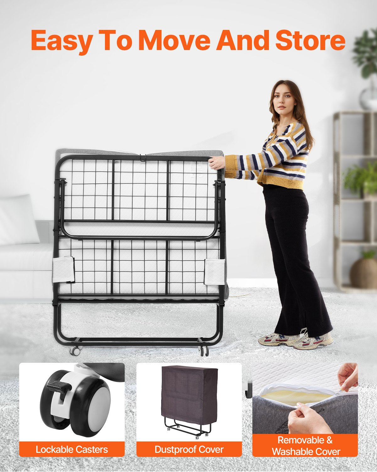 Rollaway Bed, 38 in x 75 in Folding Bed with 4 in Mattress, Twin Size Foldable Bed with Sturdy Metal Frame & Memory Foam Mattress, Portable Twin Roll Away Bed with Mattress, for Adults, Guest