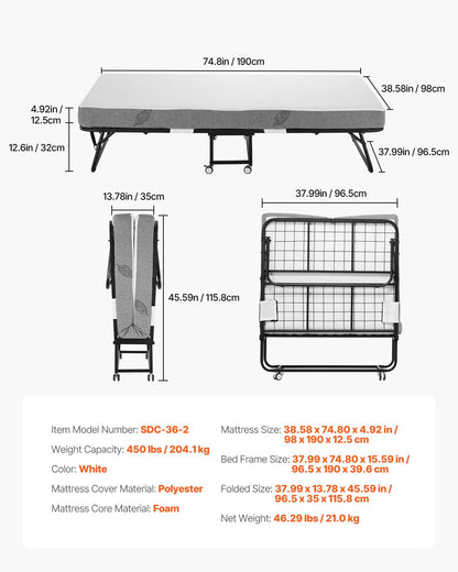 Rollaway Bed, 38 in x 75 in Folding Bed with 5 in Mattress, Twin Size Foldable Bed with Sturdy Metal Frame & Memory Foam Mattress, Portable Twin Roll Away Bed with Mattress, for Adults, Guest