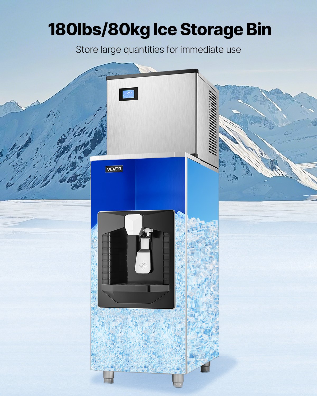 Ice Dispenser, Ice Storage Bin with 180 Lbs Storage Capacity, 20 Lbs/Min Automatic Ice Dispensing with Crusher, Height Adjustable Feet, for Commercial Ice Maker Machine, Restaurant and Hotel