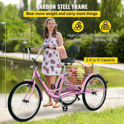 Tricycle Adult 24’’ Wheels Adult Tricycle 7-Speed 3 Wheel Bikes For Adults Three Wheel Bike For Adults Adult Trike Adult Folding Tricycle Foldable Adult Tricycle 3 Wheel Bike Trike Foldable Pink