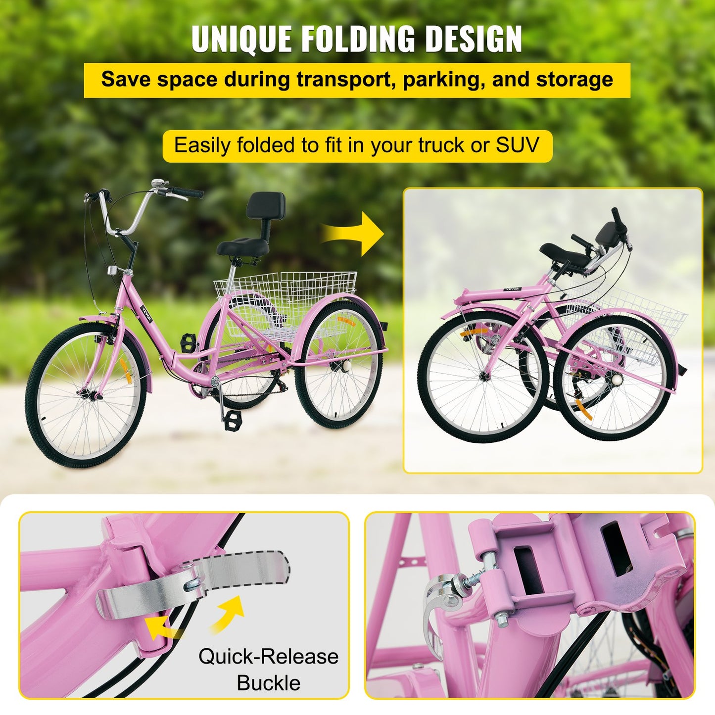 Tricycle Adult 24’’ Wheels Adult Tricycle 7-Speed 3 Wheel Bikes For Adults Three Wheel Bike For Adults Adult Trike Adult Folding Tricycle Foldable Adult Tricycle 3 Wheel Bike Trike Foldable Pink